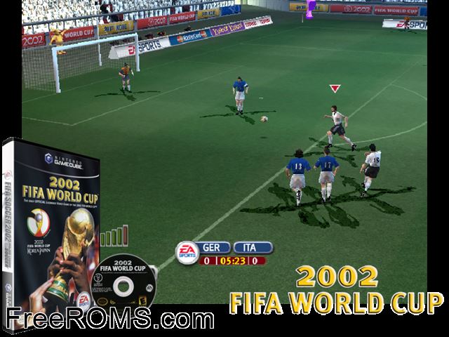 2002 FIFA World Cup Korea Japan Nintendo Gamecube game showing 3D box cover and gameplay screenshot