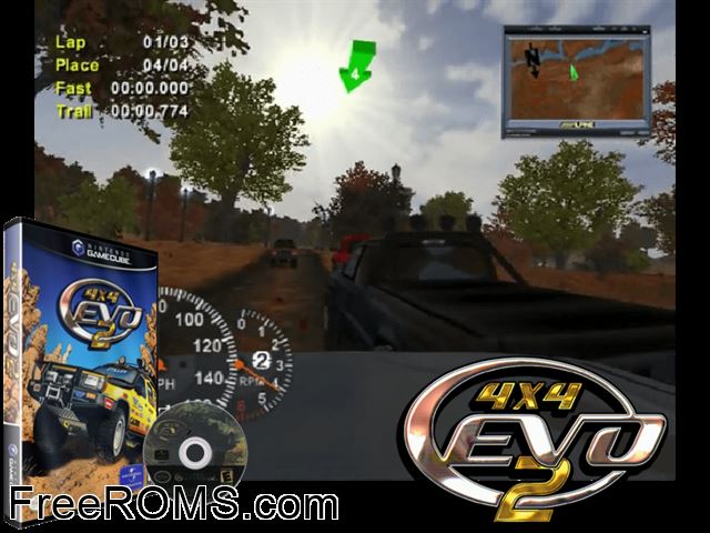 4x4 Evo 2 Nintendo Gamecube game showing 3D box cover and gameplay screenshot
