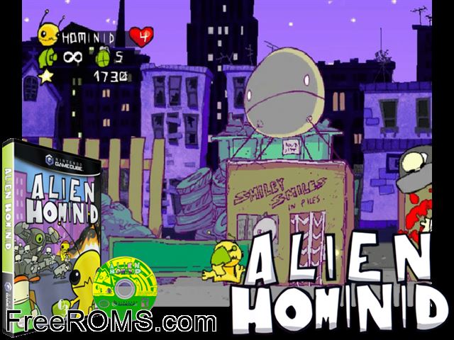 Alien Hominid Nintendo Gamecube game showing 3D box cover and gameplay screenshot