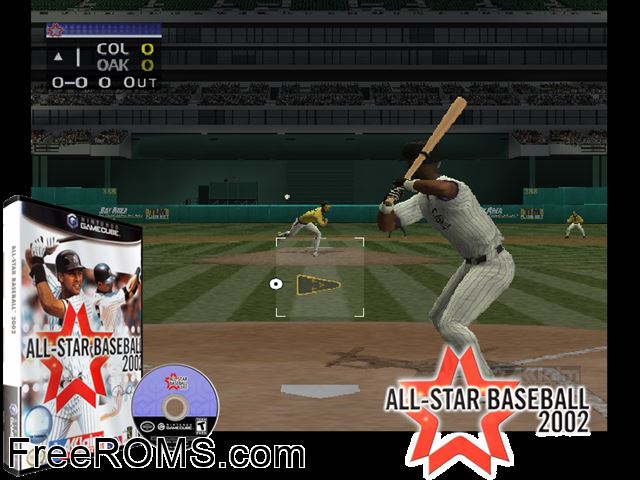 All-Star Baseball 2002 Nintendo Gamecube game showing 3D box cover and gameplay screenshot