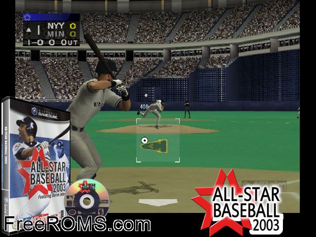 All-Star Baseball 2003 featuring Derek Jeter Nintendo Gamecube game showing 3D box cover and gameplay screenshot