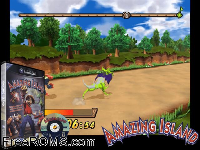 Amazing Island Nintendo Gamecube game showing 3D box cover and gameplay screenshot