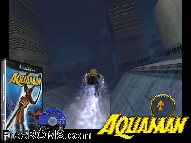 Aquaman - Battle for Atlantis Nintendo Gamecube game showing 3D box cover and gameplay screenshot