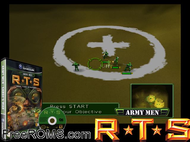 Army Men - RTS Nintendo Gamecube game showing 3D box cover and gameplay screenshot