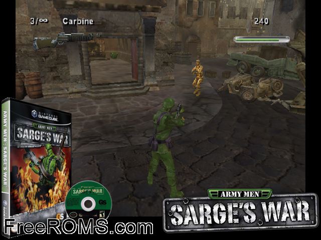Army Men - Sarges War Nintendo Gamecube game showing 3D box cover and gameplay screenshot