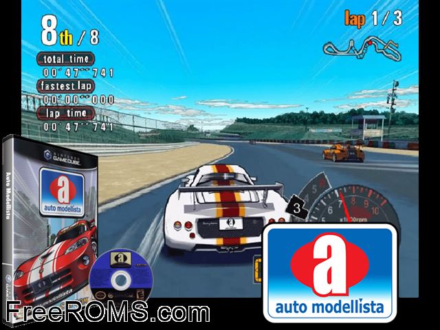Auto Modellista Nintendo Gamecube game showing 3D box cover and gameplay screenshot
