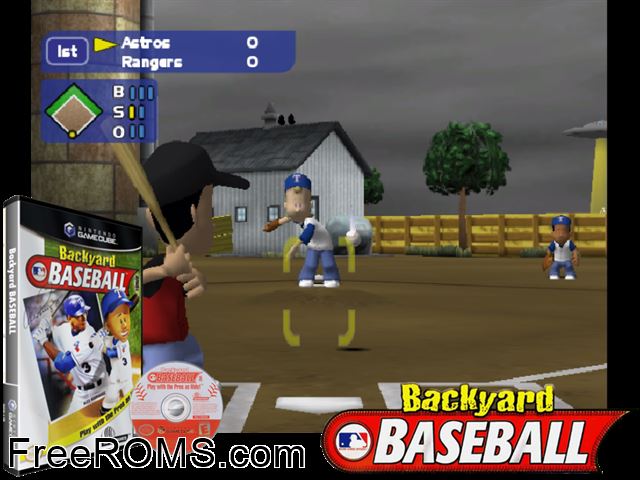 Backyard Baseball Nintendo Gamecube game showing 3D box cover and gameplay screenshot