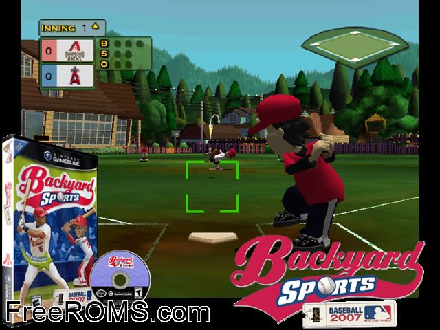 Backyard Sports - Baseball 2007 Nintendo Gamecube game showing 3D box cover and gameplay screenshot