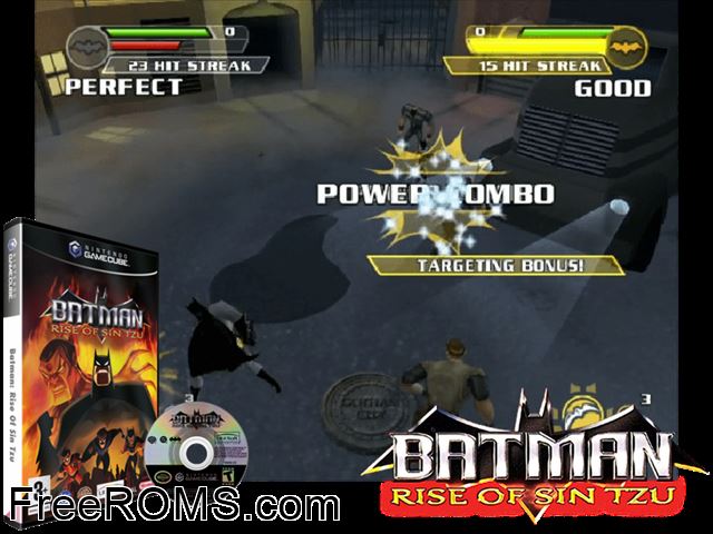 Batman - Rise of Sin Tzu Nintendo Gamecube game showing 3D box cover and gameplay screenshot