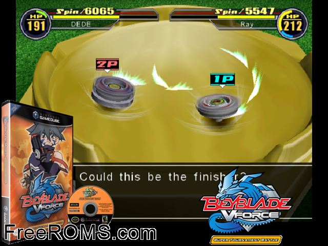 Beyblade VForce - Super Tournament Battle Nintendo Gamecube game showing 3D box cover and gameplay screenshot