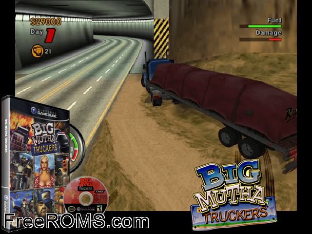 Big Mutha Truckers Nintendo Gamecube game showing 3D box cover and gameplay screenshot