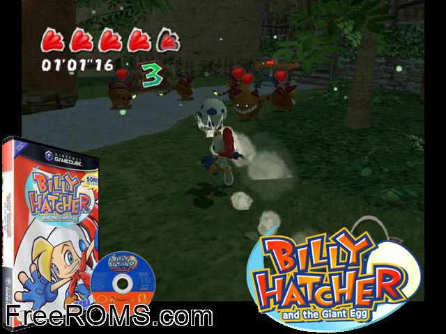 Billy Hatcher and the Giant Egg Nintendo Gamecube game showing 3D box cover and gameplay screenshot