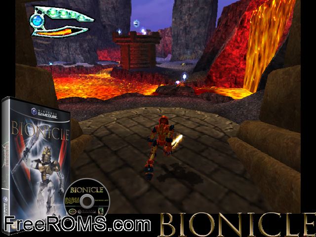 Bionicle Nintendo Gamecube game showing 3D box cover and gameplay screenshot