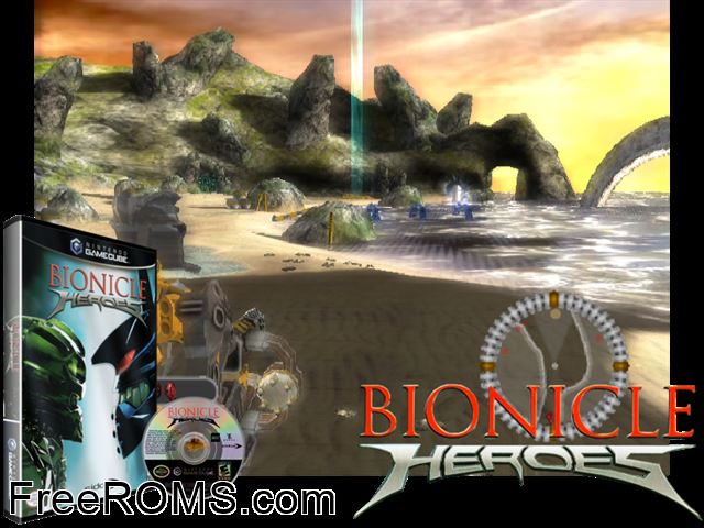 Bionicle Heroes Nintendo Gamecube game showing 3D box cover and gameplay screenshot