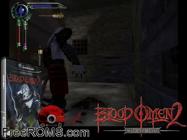 Blood Omen 2 - The Legacy of Kain Series Nintendo Gamecube game showing 3D box cover and gameplay screenshot