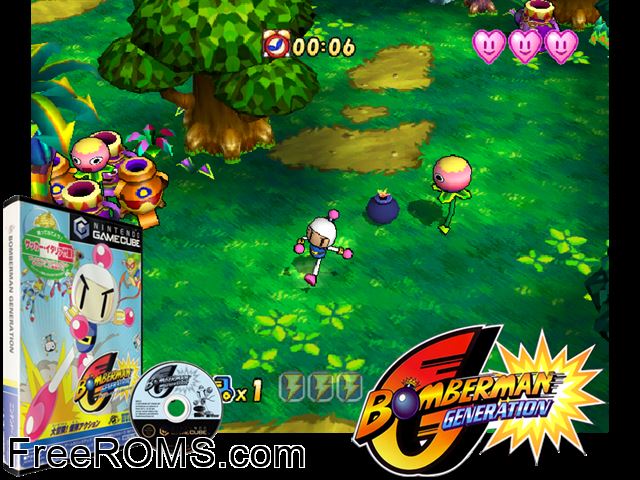 Bomberman Generation Nintendo Gamecube game showing 3D box cover and gameplay screenshot