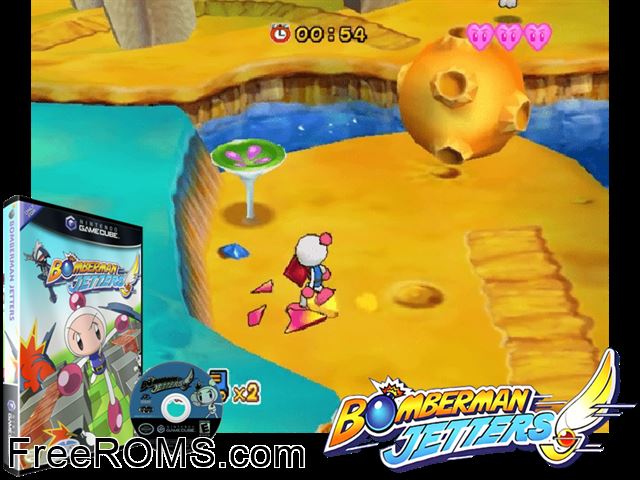 Bomberman Jetters Nintendo Gamecube game showing 3D box cover and gameplay screenshot