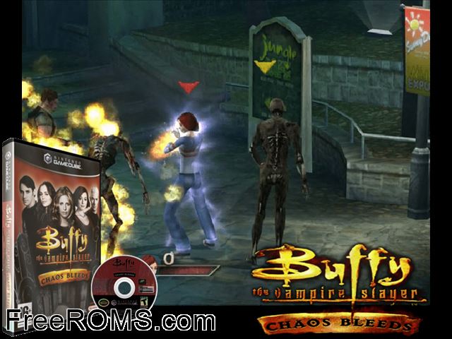 Buffy the Vampire Slayer - Chaos Bleeds Nintendo Gamecube game showing 3D box cover and gameplay screenshot