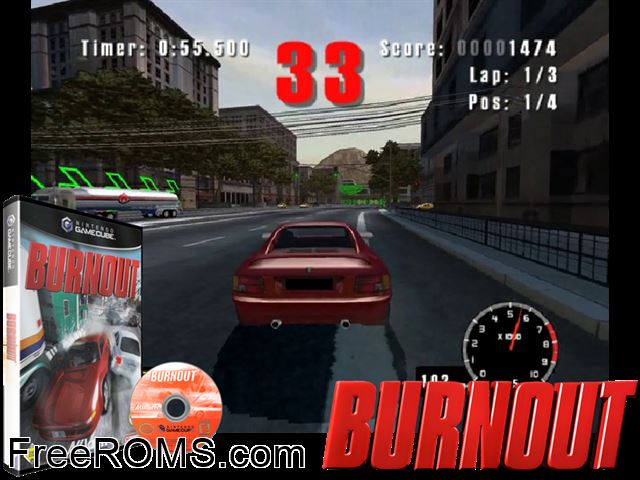 Burnout Nintendo Gamecube game showing 3D box cover and gameplay screenshot