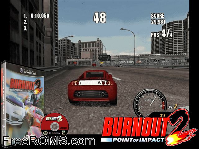 Burnout 2 - Point of Impact Nintendo Gamecube game showing 3D box cover and gameplay screenshot