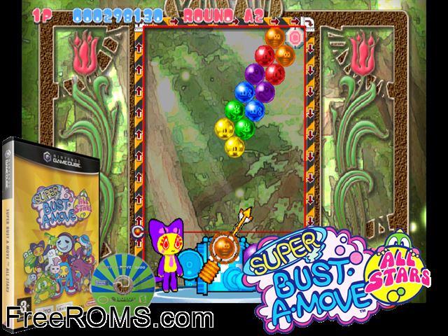 Bust-A-Move 3000 Nintendo Gamecube game showing 3D box cover and gameplay screenshot