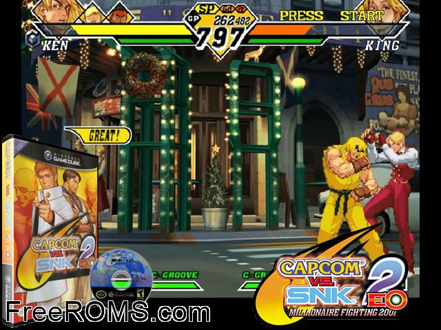 Capcom vs. SNK 2 EO - Millionaire Fighting 2001 Nintendo Gamecube game showing 3D box cover and gameplay screenshot