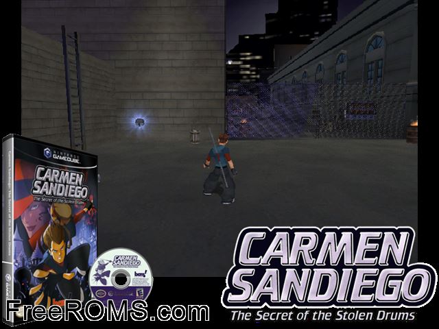 Carmen Sandiego - The Secret of the Stolen Drums Nintendo Gamecube game showing 3D box cover and gameplay screenshot