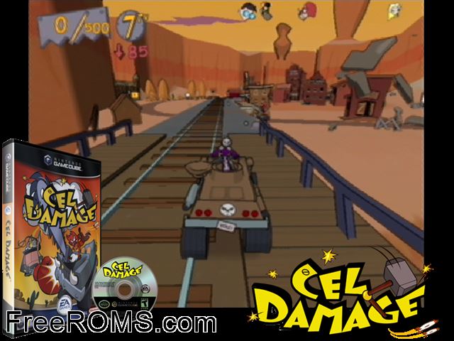 Cel Damage Nintendo Gamecube game showing 3D box cover and gameplay screenshot