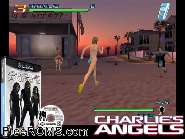 Charlies Angels Nintendo Gamecube game showing 3D box cover and gameplay screenshot