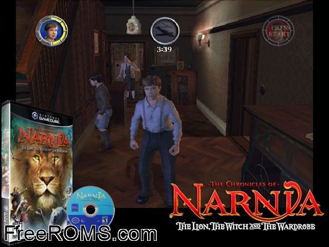 Chronicles of Narnia, The - The Lion, the Witch and the Wardrobe Nintendo Gamecube game showing 3D box cover and gameplay screenshot