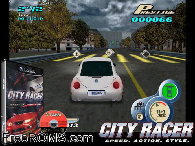 City Racer Nintendo Gamecube game showing 3D box cover and gameplay screenshot
