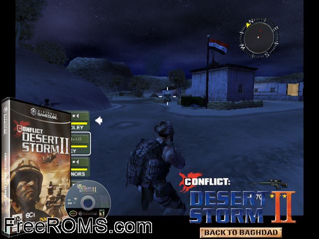 Conflict - Desert Storm II - Back to Baghdad Nintendo Gamecube game showing 3D box cover and gameplay screenshot