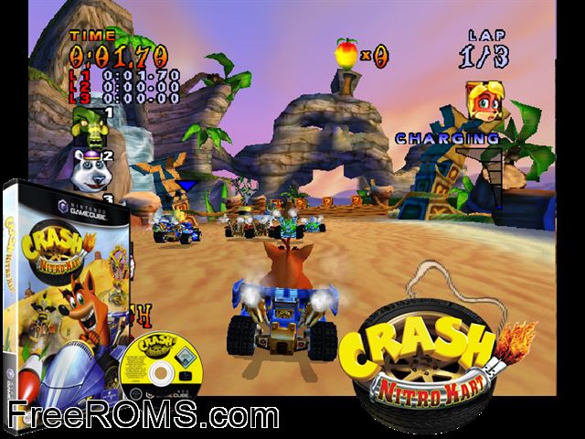 Crash Nitro Kart Nintendo Gamecube game showing 3D box cover and gameplay screenshot