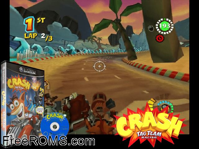 Crash Tag Team Racing Nintendo Gamecube game showing 3D box cover and gameplay screenshot