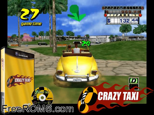 Crazy Taxi Nintendo Gamecube game showing 3D box cover and gameplay screenshot