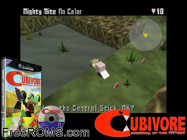 Cubivore Nintendo Gamecube game showing 3D box cover and gameplay screenshot