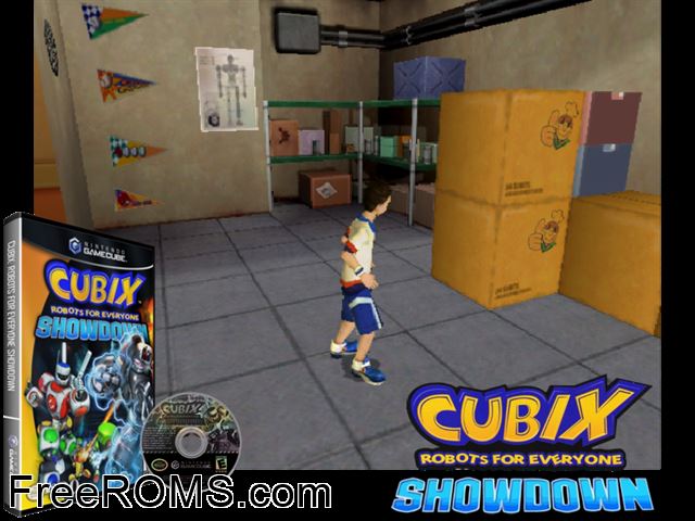 Cubix Robots for Everyone - Showdown Nintendo Gamecube game showing 3D box cover and gameplay screenshot
