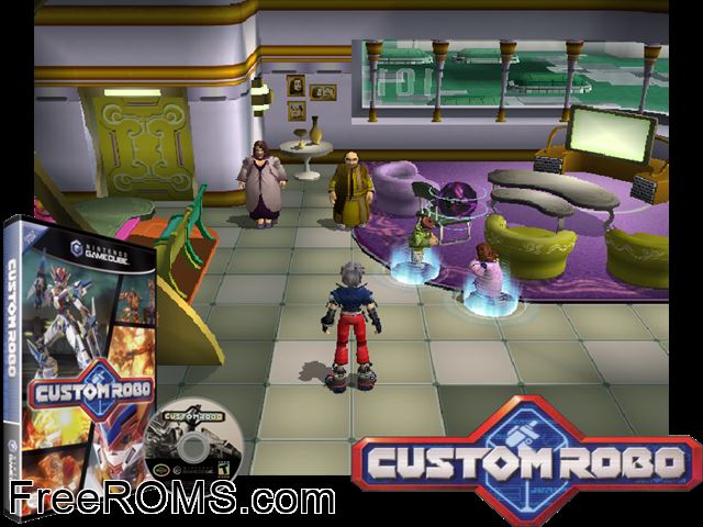 Custom Robo Nintendo Gamecube game showing 3D box cover and gameplay screenshot