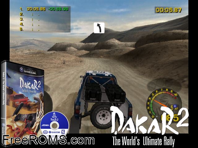 Dakar 2 - the Worlds Ultimate Rally Nintendo Gamecube game showing 3D box cover and gameplay screenshot
