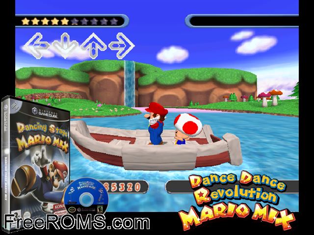 Dance Dance Revolution Mario Mix Nintendo Gamecube game showing 3D box cover and gameplay screenshot
