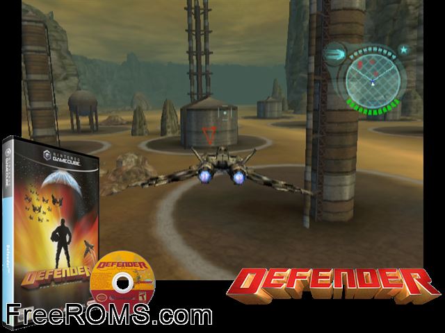 Defender Nintendo Gamecube game showing 3D box cover and gameplay screenshot