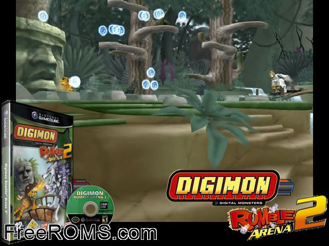 Digimon Rumble Arena 2 Nintendo Gamecube game showing 3D box cover and gameplay screenshot