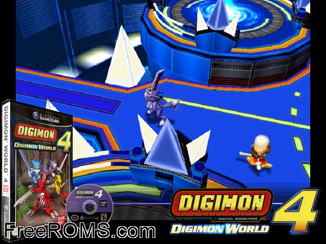 Digimon World 4 Nintendo Gamecube game showing 3D box cover and gameplay screenshot