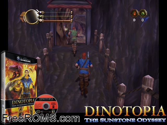 Dinotopia - the Sunstone Odyssey Nintendo Gamecube game showing 3D box cover and gameplay screenshot