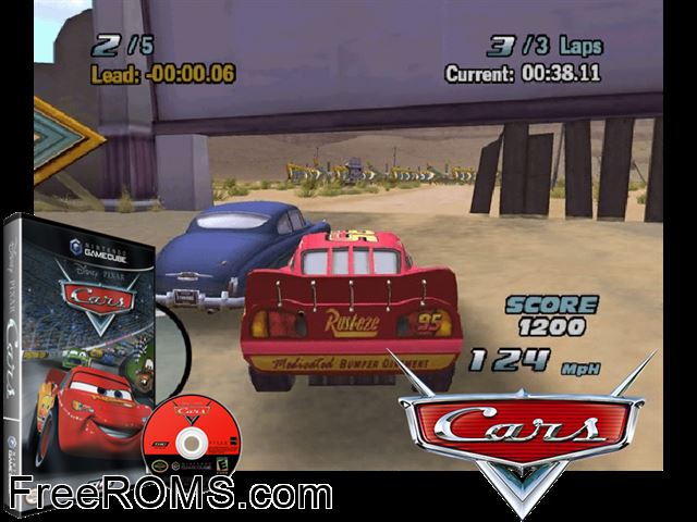 Disney-Pixar Cars Nintendo Gamecube game showing 3D box cover and gameplay screenshot