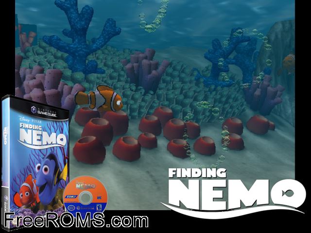 Disney-Pixar Finding Nemo (v1.01) Nintendo Gamecube game showing 3D box cover and gameplay screenshot