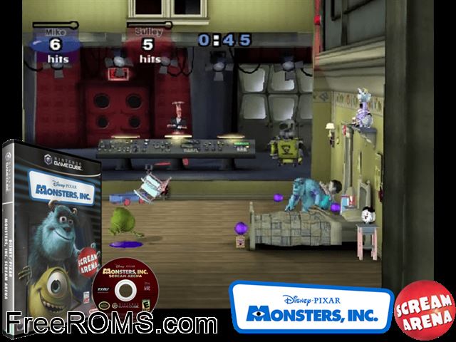 Disney-Pixar Monsters, Inc. - Scream Arena Nintendo Gamecube game showing 3D box cover and gameplay screenshot