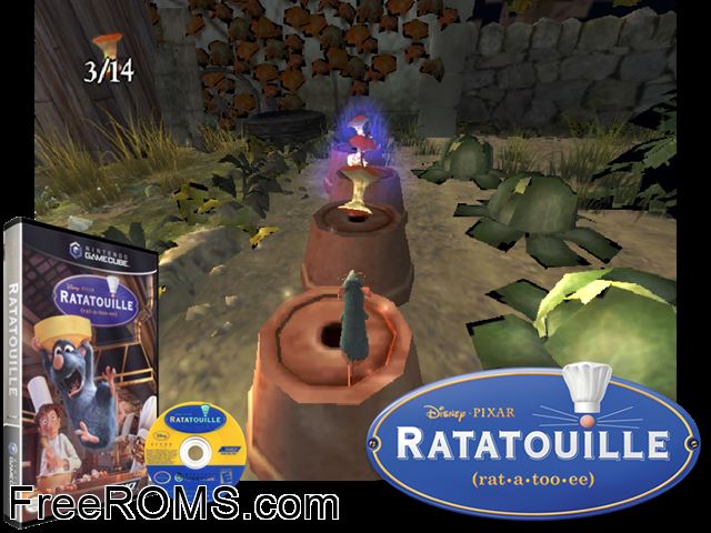 Disney-Pixar Ratatouille Nintendo Gamecube game showing 3D box cover and gameplay screenshot