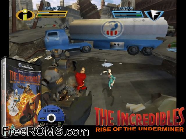 Disney-Pixar The Incredibles - Rise of the Underminer Nintendo Gamecube game showing 3D box cover and gameplay screenshot