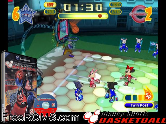 Disney Sports - Basketball Nintendo Gamecube game showing 3D box cover and gameplay screenshot